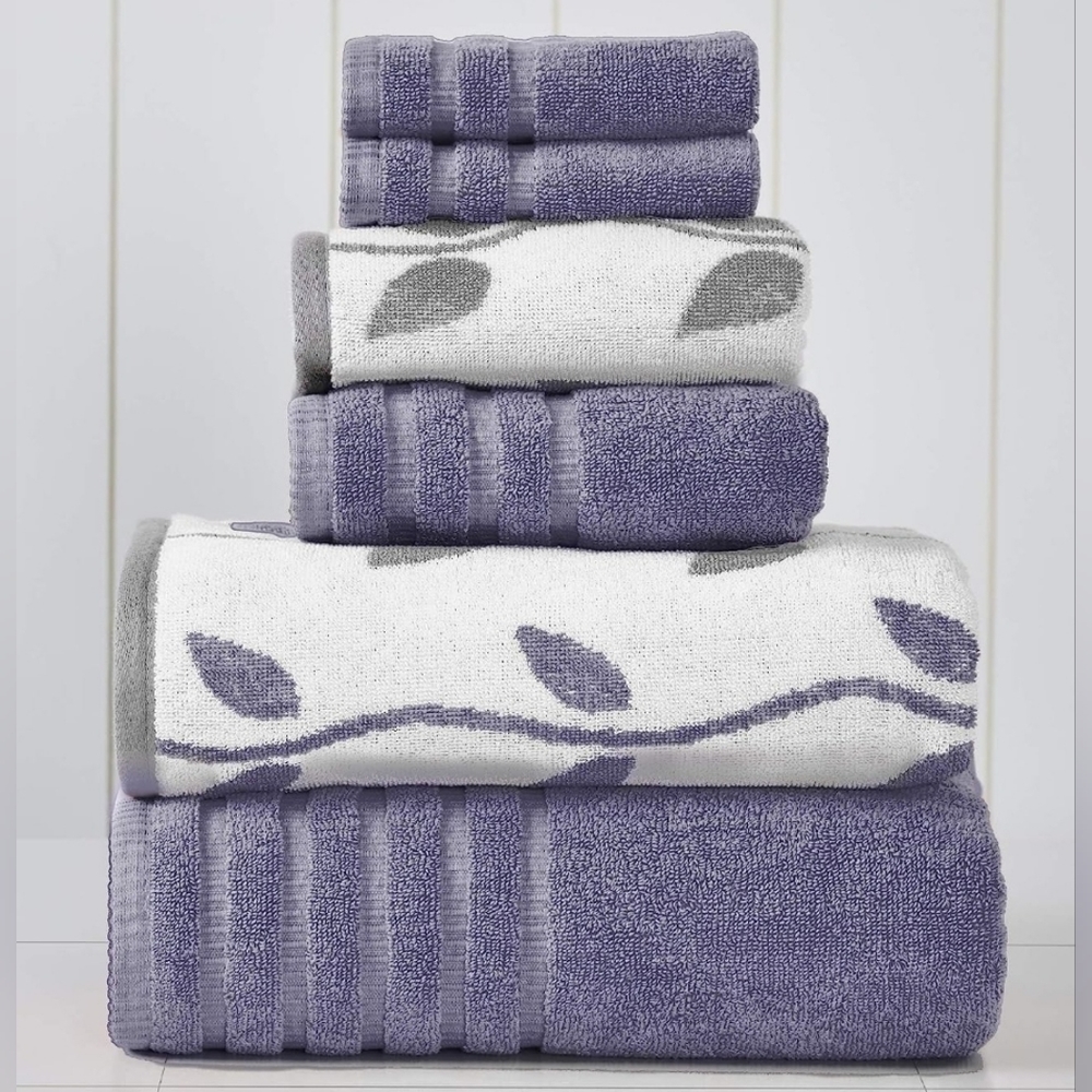 NEW! Modern Threads 6pc Yarn Dyed Organic Vines Jacquard Purple Towel Set